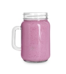 Photo of Delicious blackberry smoothie in mason jar on white background