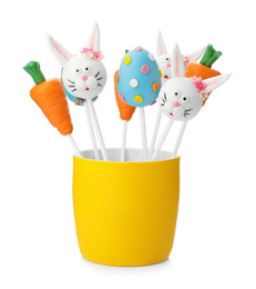 Different delicious cake pops on white background. Easter holiday