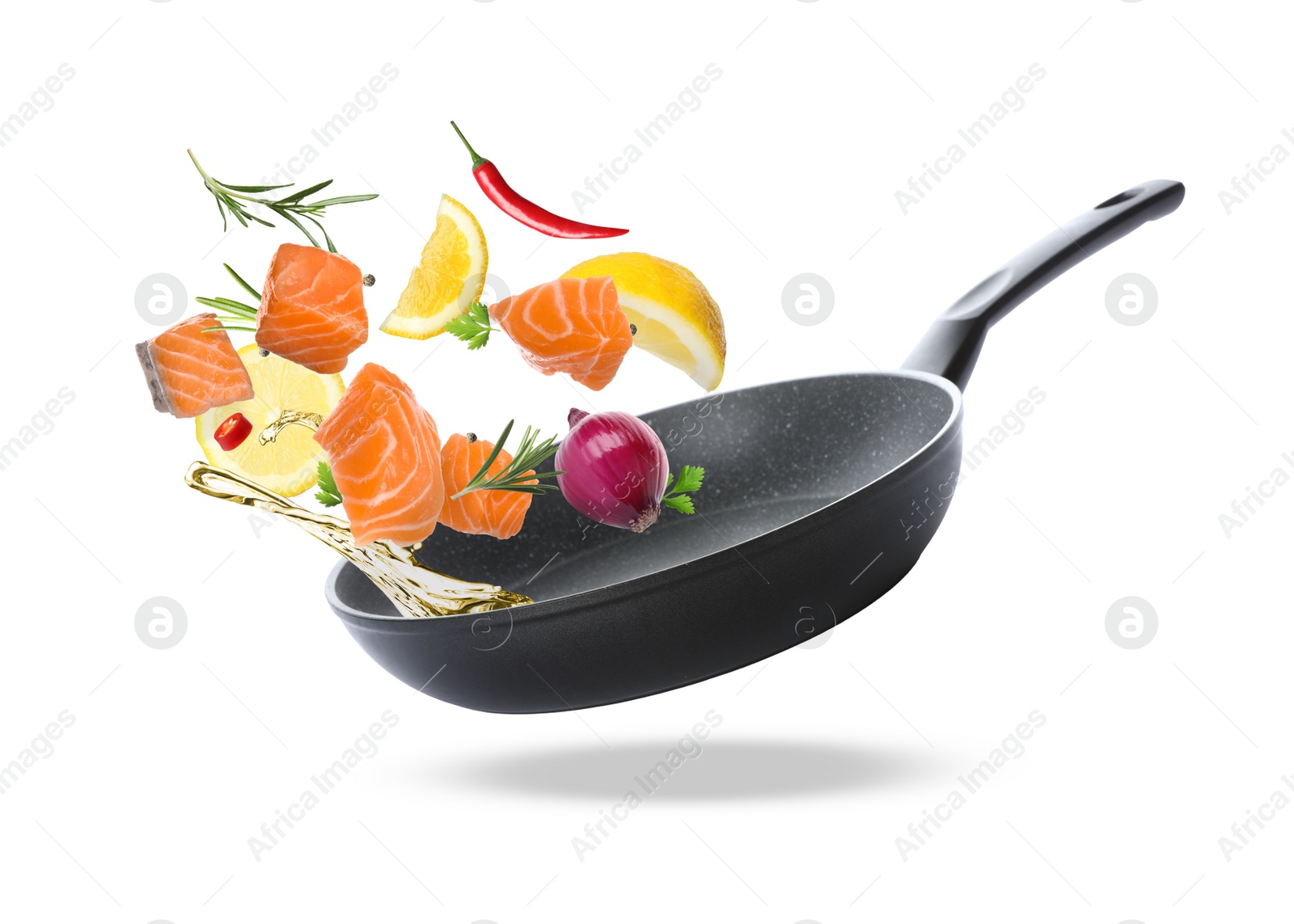 Image of Tasty fresh ingredients and frying pan on white background