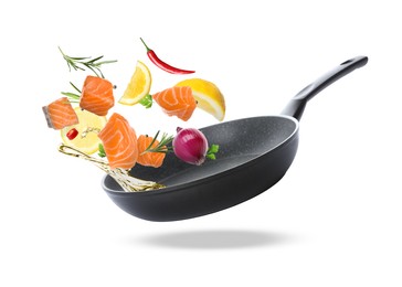 Image of Tasty fresh ingredients and frying pan on white background