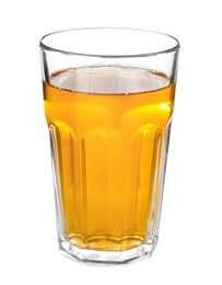 Photo of Glass of fresh apple juice on white background