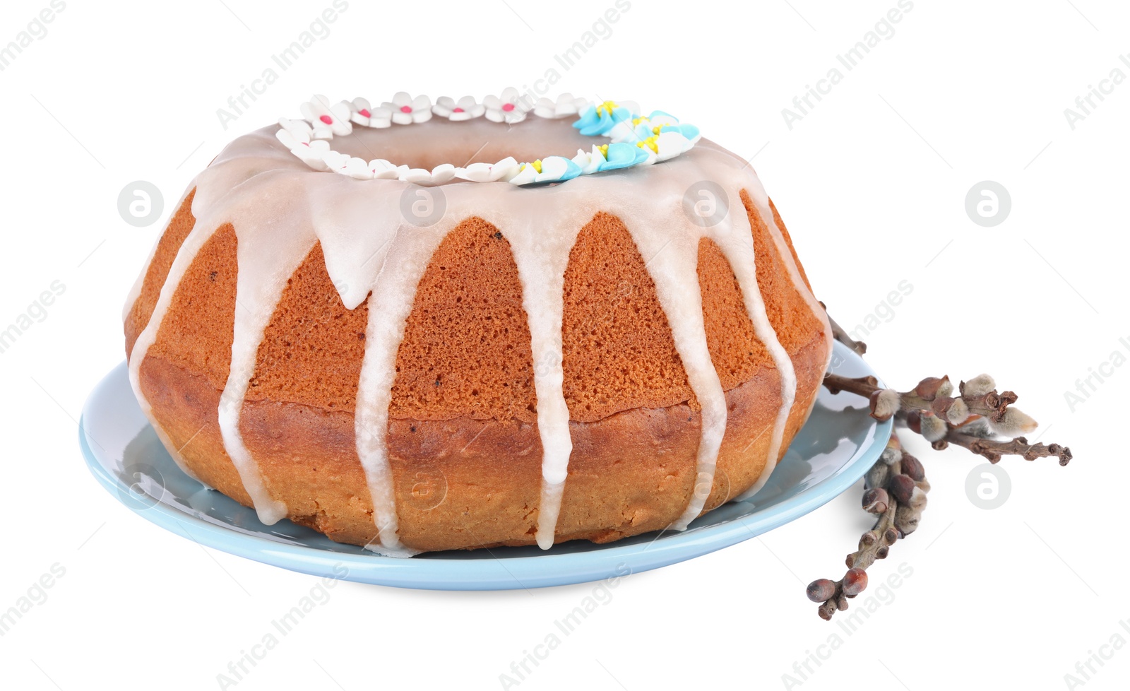 Photo of Festively decorated Easter cake and pussy willow branches on white background