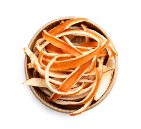 Photo of Dry orange peels in wooden bowl isolated on white, top view