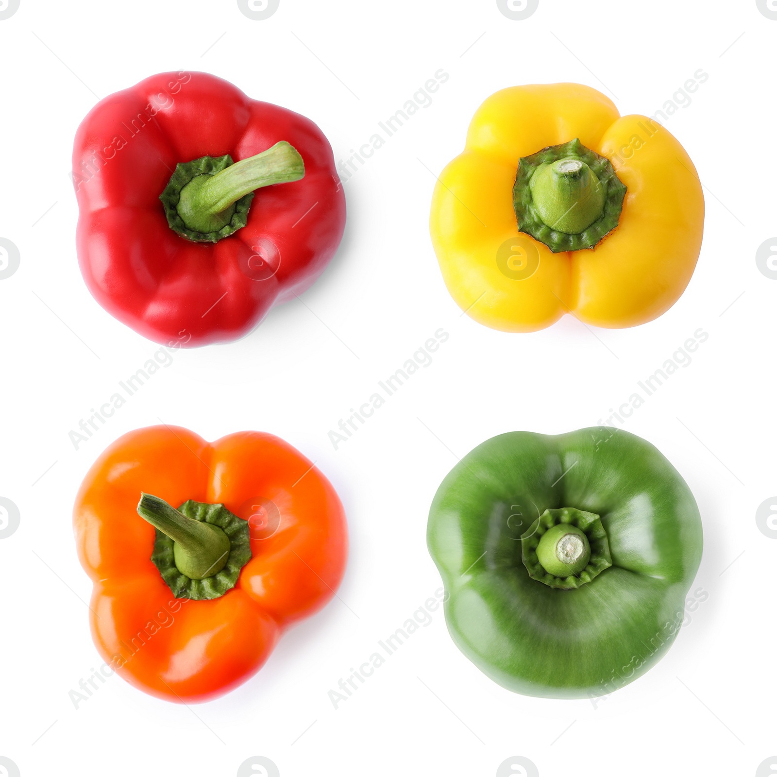 Image of Set of different ripe bell peppers on white background, top view