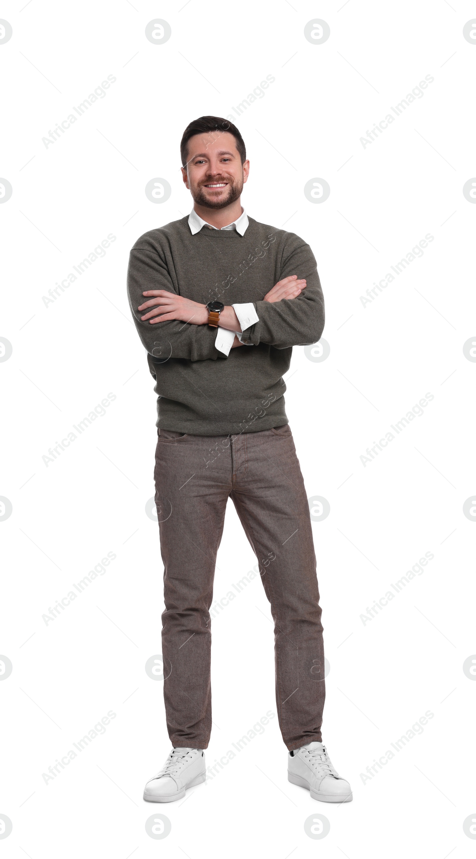 Photo of Full length portrait of handsome bearded businessman on white background