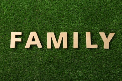 Photo of Word Family made with wooden letters on green grass, flat lay
