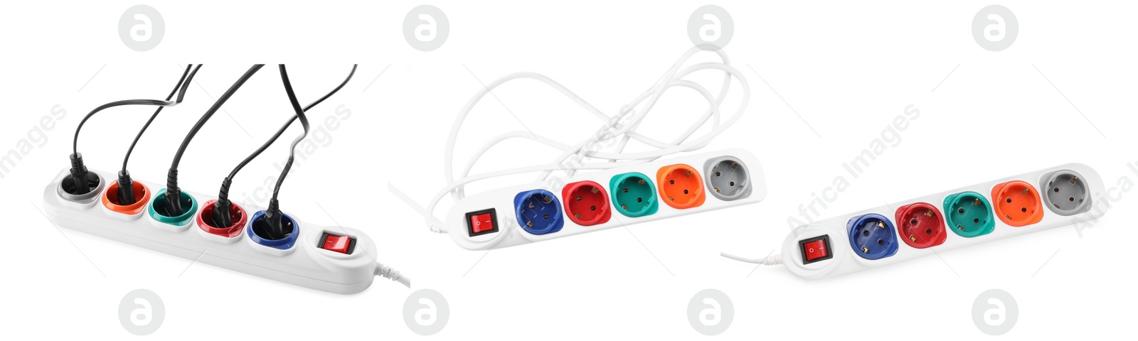 Image of Collage with power strips on white background