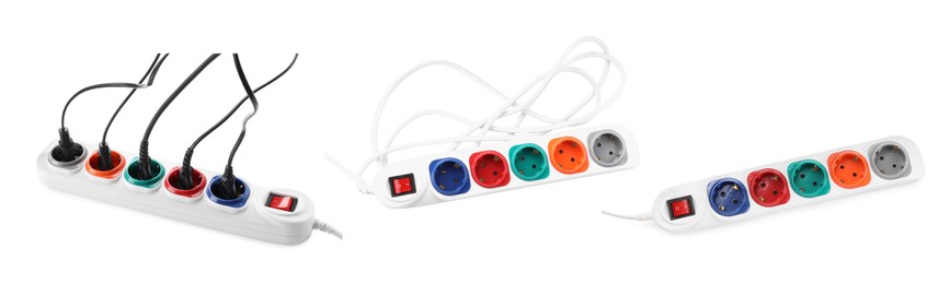 Image of Collage with power strips on white background