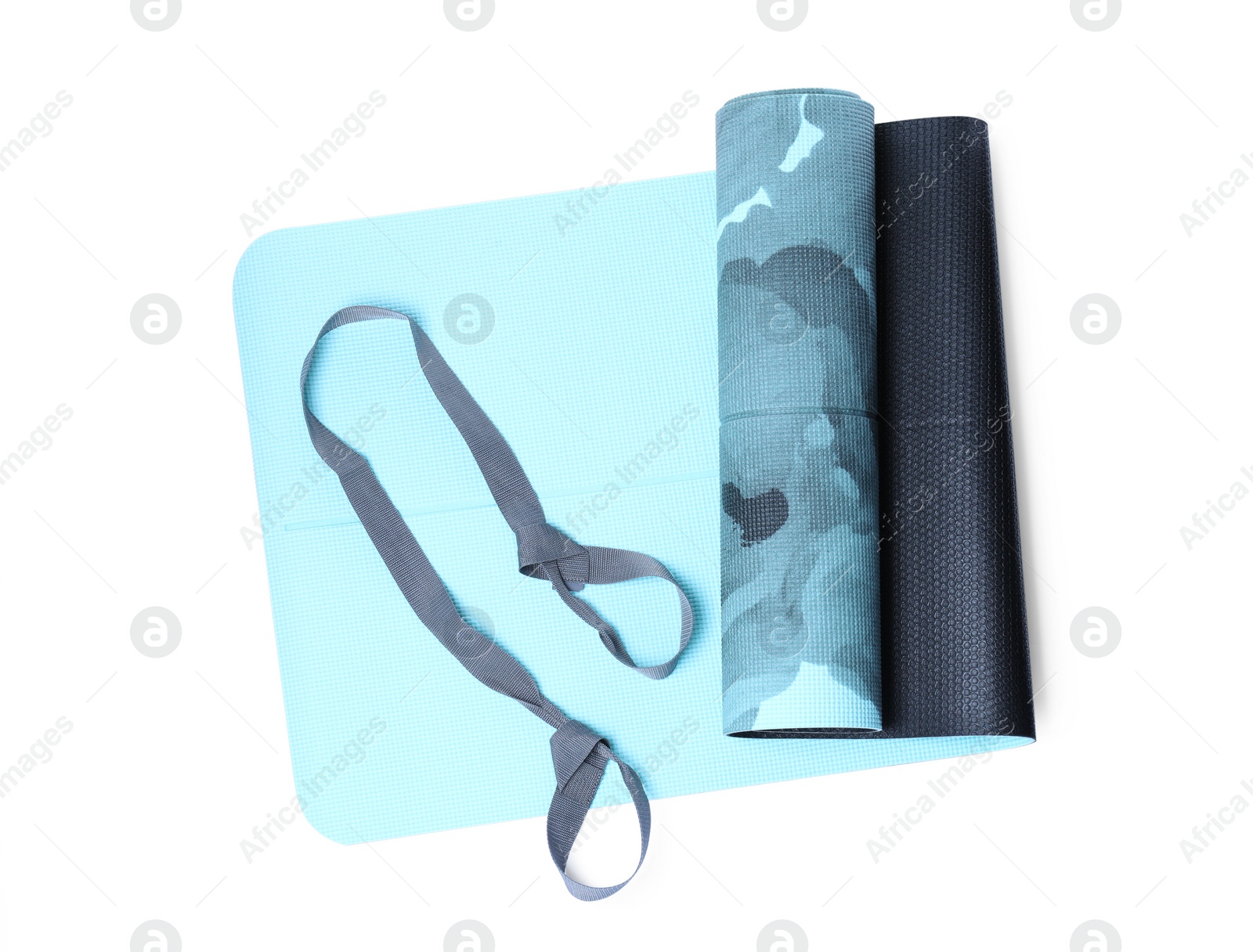 Photo of Light blue camping mat with strap isolated on white, top view