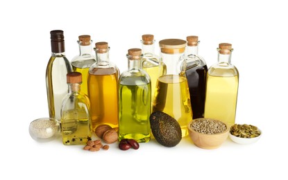 Photo of Vegetable fats. Different cooking oils and ingredients isolated on white