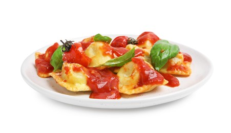 Photo of Tasty ravioli with tomato sauce isolated on white