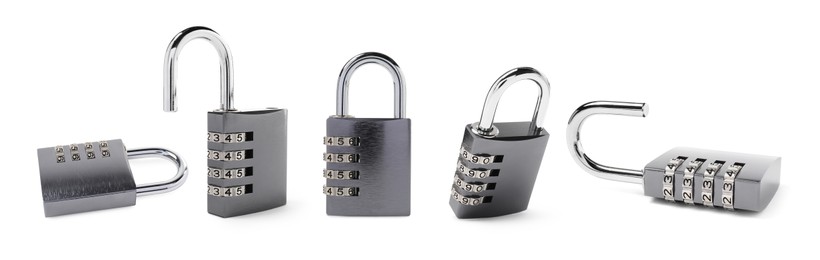 Image of Steel combination padlock isolated on white, different sides. Set