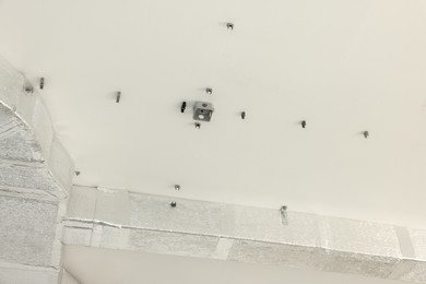 Connectors for wires and ventilation system on ceiling indoors