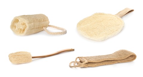Image of Set with natural shower loofah sponges and brush on white background