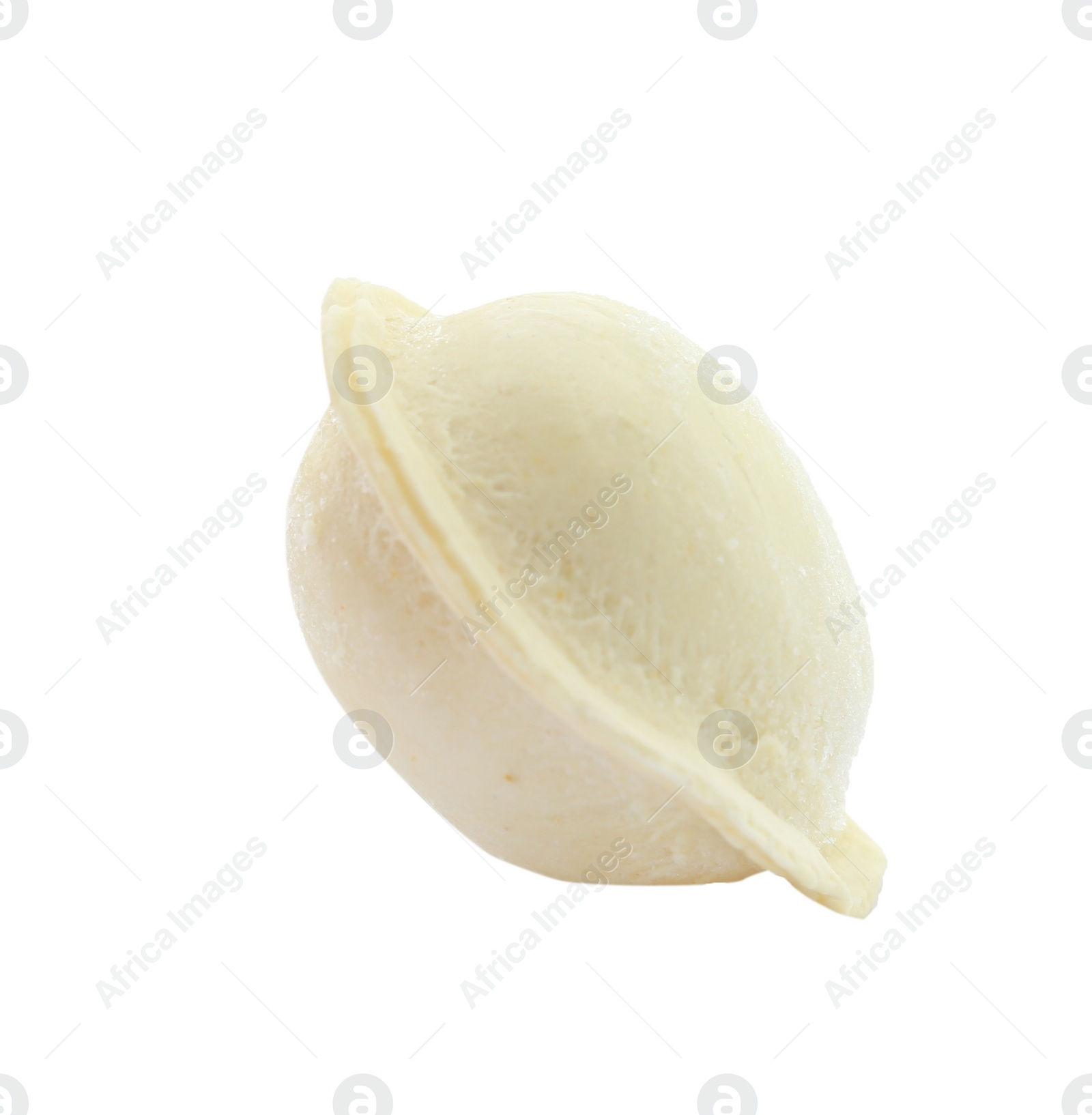 Photo of Raw dumpling with tasty filling on white background