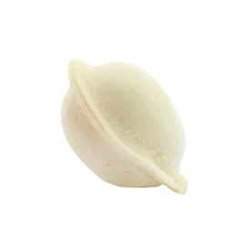 Photo of Raw dumpling with tasty filling on white background