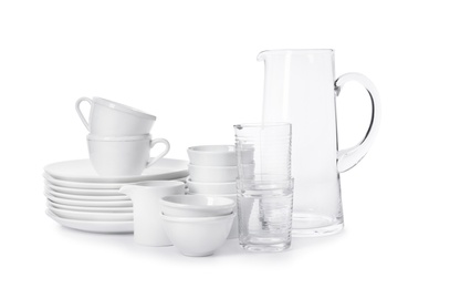 Set of clean tableware on white background. Washing dishes