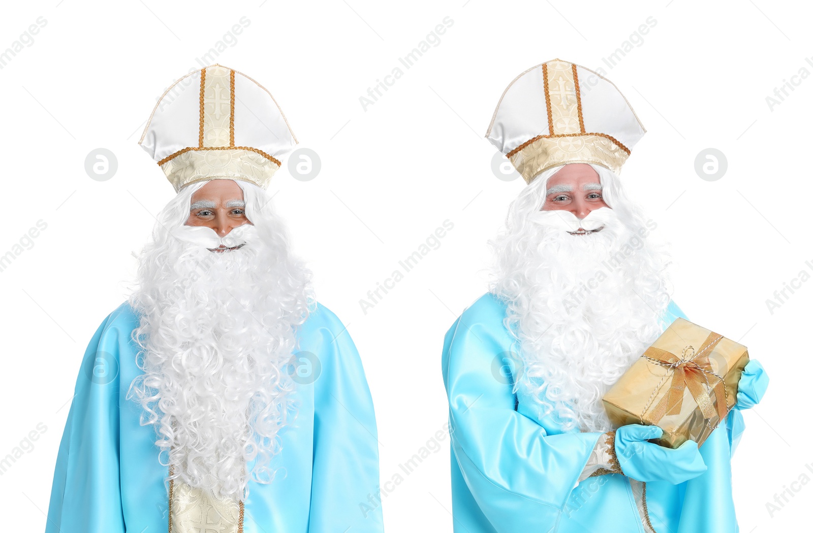 Image of Collage with photos of Saint Nicholas on white background 