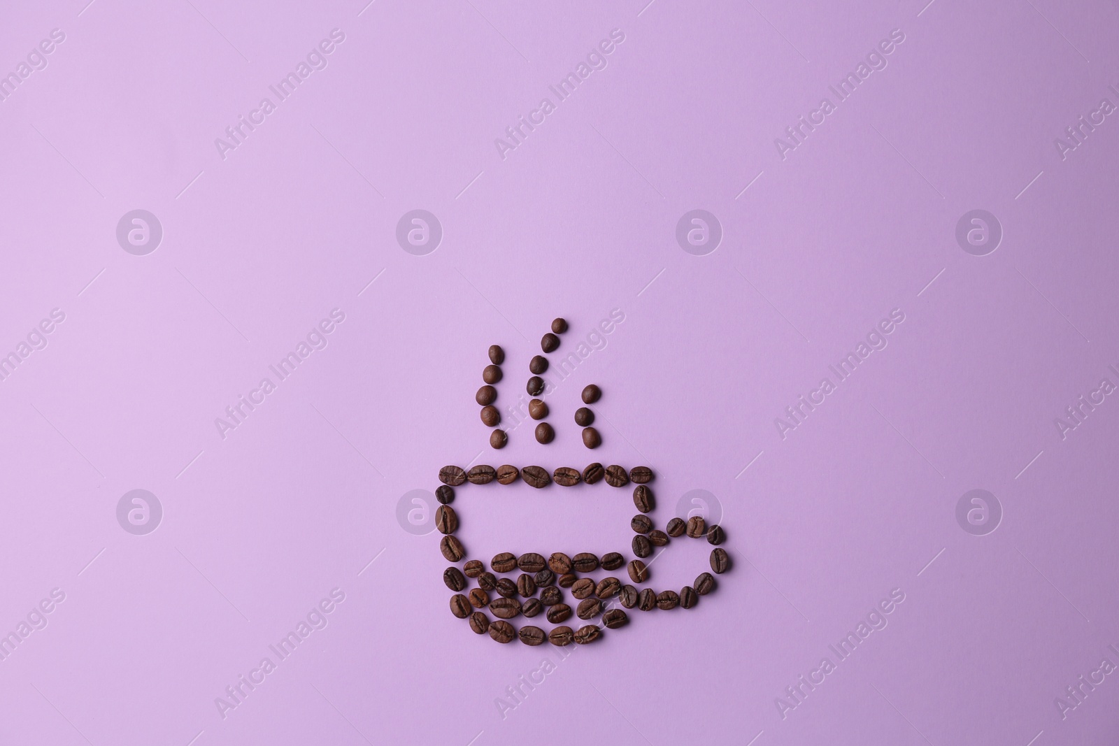 Photo of Cup made of coffee beans on lilac background, flat lay