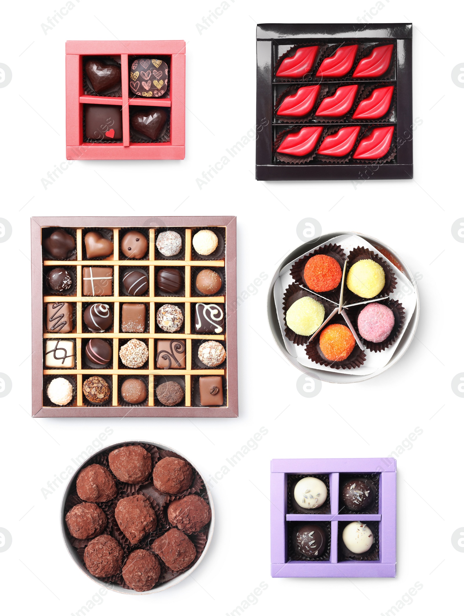 Image of Set with different boxes of chocolate candies on white background, top view