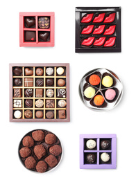 Image of Set with different boxes of chocolate candies on white background, top view