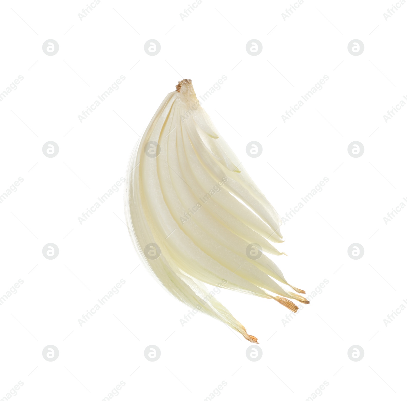 Photo of Slice of fresh ripe onion on white background