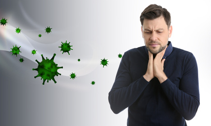 Viruses affecting mature man on light background