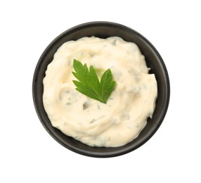 Tartar sauce in bowl isolated on white, top view