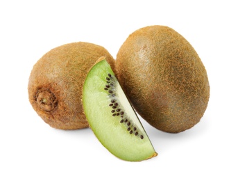 Photo of Cut and whole fresh kiwis on white background