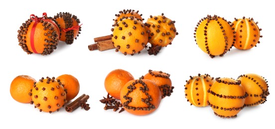 Image of Set with different pomander balls made of fresh tangerines and cloves on white background. Banner design