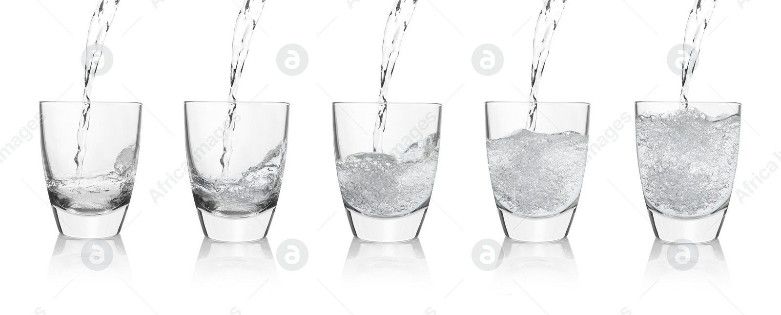 Image of Pouring soda water into glasses on white background, collage. Banner design