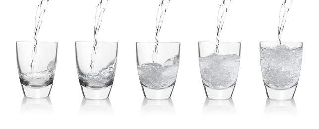 Image of Pouring soda water into glasses on white background, collage. Banner design