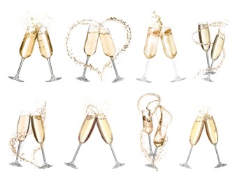 Image of Glasses with sparkling wine clinking on white background, collection