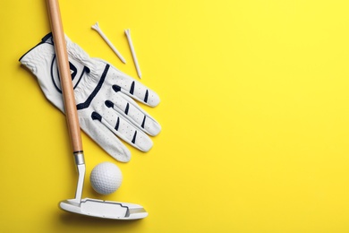 Photo of Set of golf equipment on color background, flat lay. Space for text