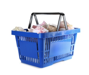 Blue shopping basket with different gifts on white background