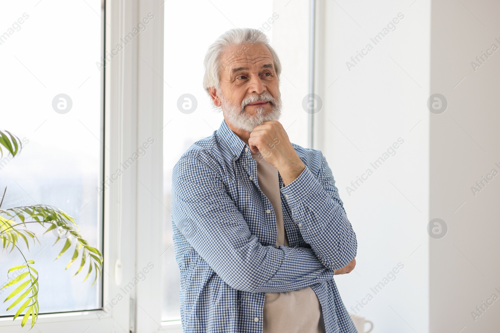 Photo of Portrait of happy grandpa with grey hair near window indoors