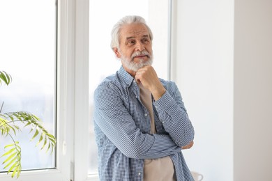 Portrait of happy grandpa with grey hair near window indoors
