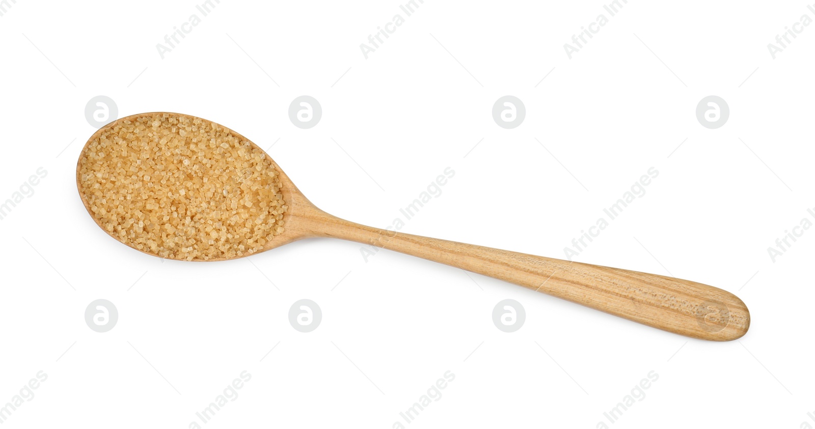 Photo of Brown sugar in spoon isolated on white, top view