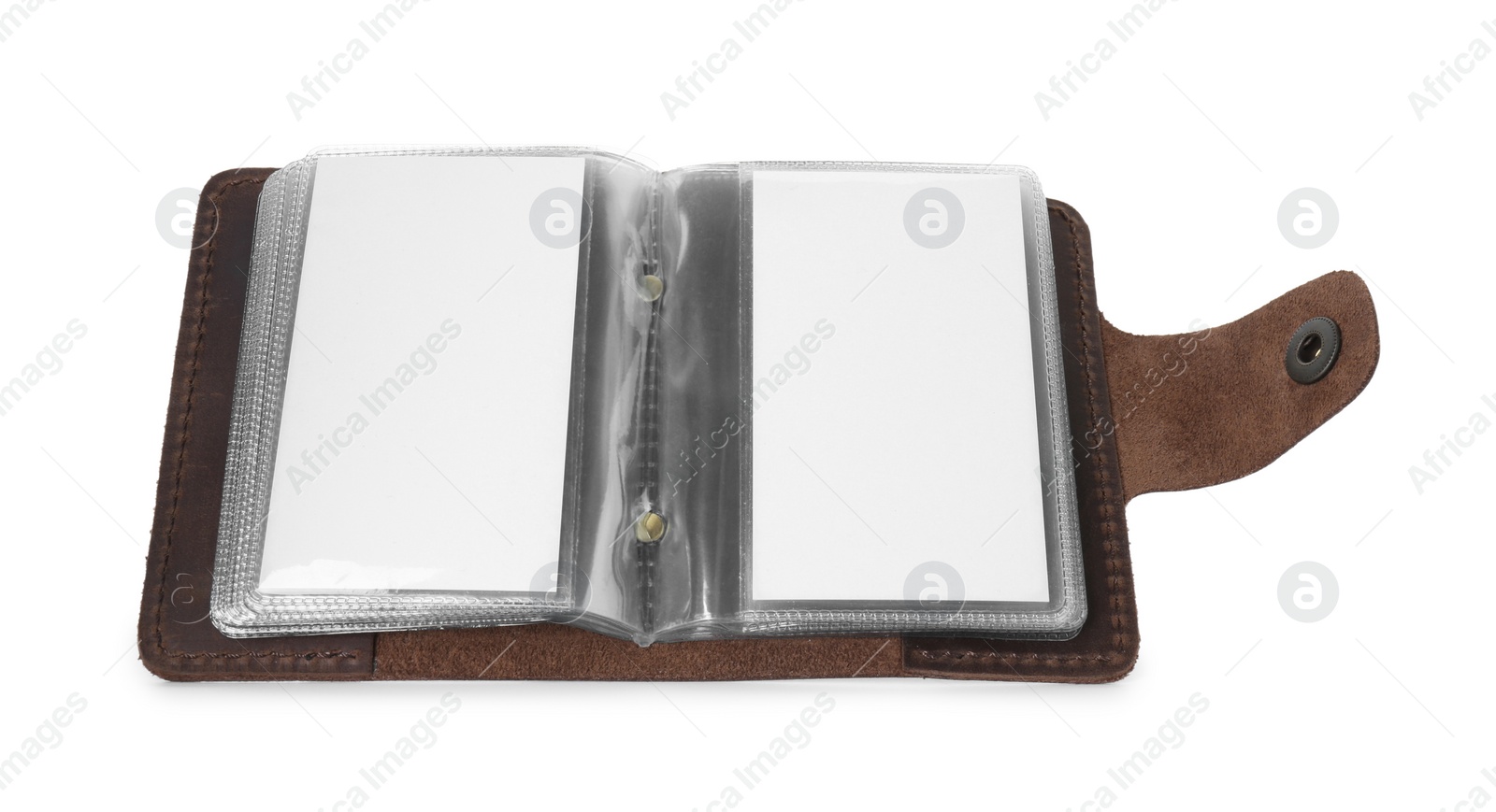 Photo of Leather business card holder with blank cards isolated on white