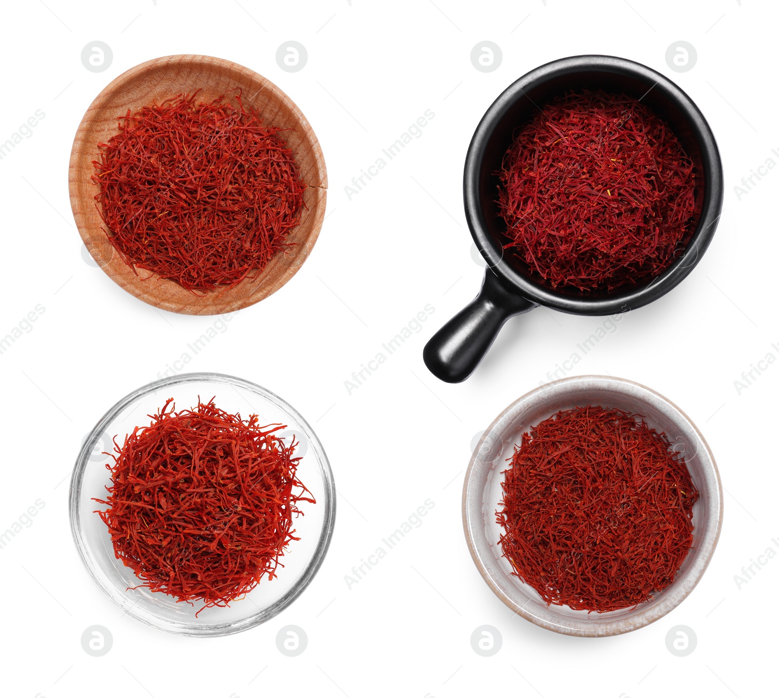 Image of Aromatic saffron in dishes isolated on white, top view