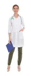 Photo of Full length portrait of medical doctor with clipboard and stethoscope isolated on white