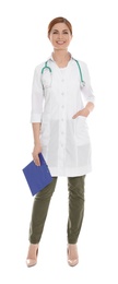 Full length portrait of medical doctor with clipboard and stethoscope isolated on white