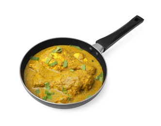 Delicious chicken with curry sauce and basil isolated on white