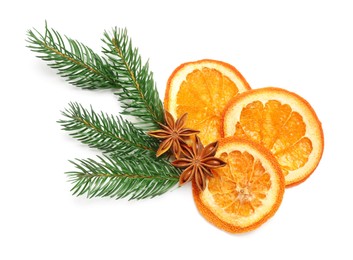 Photo of Dry orange slices, fir branches and anise stars isolated on white, top view