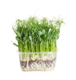 Photo of Fresh organic microgreen in plastic container on white background