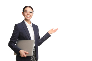 Photo of Young businesswoman with laptop on white background