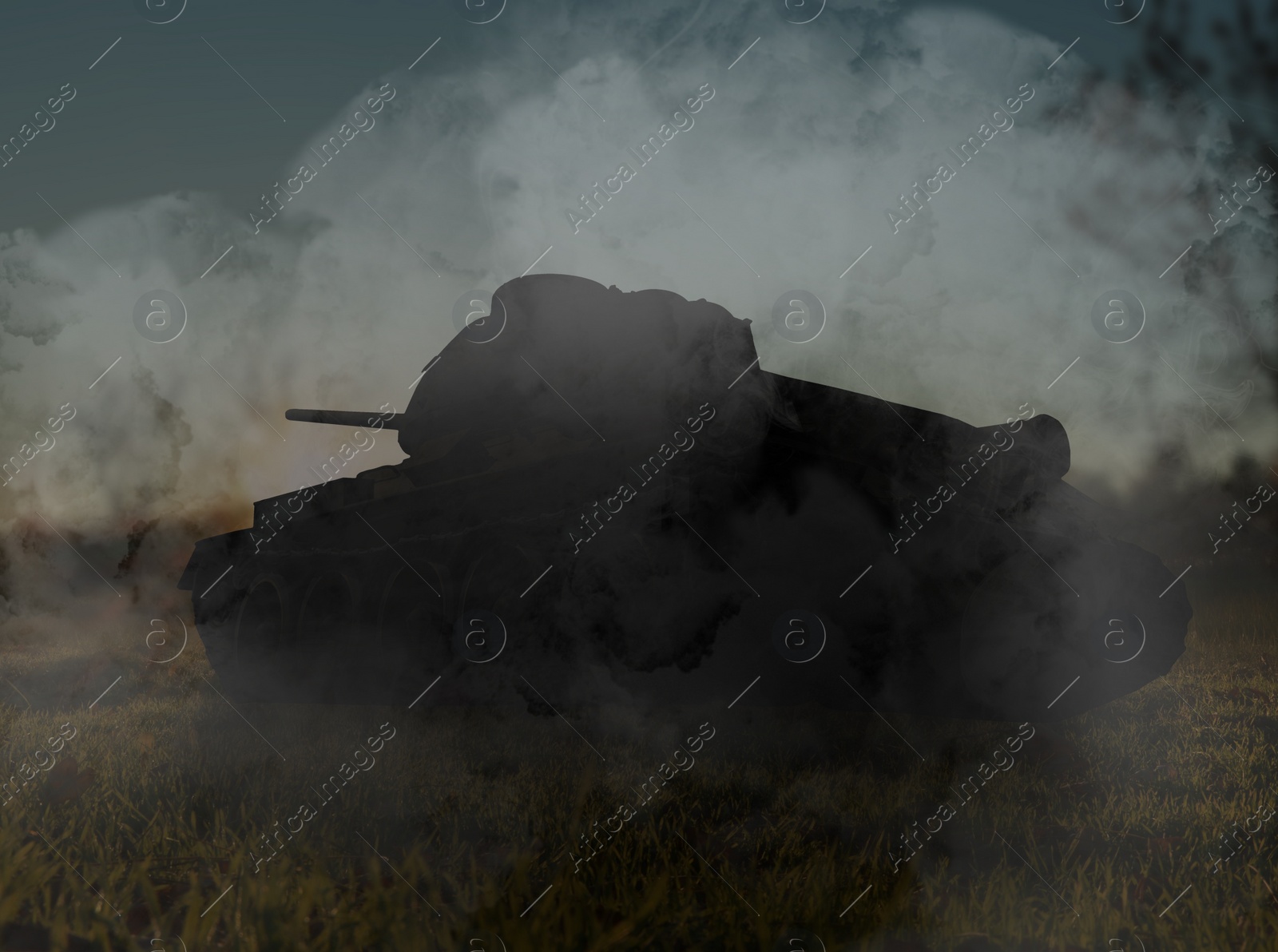 Image of Silhouette of tank on battlefield in night