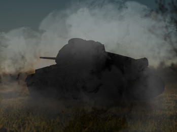 Silhouette of tank on battlefield in night