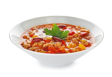 Photo of Bowl with tasty chili con carne on white background