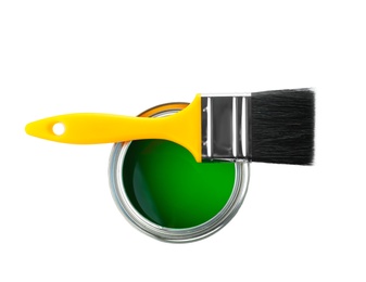 Photo of Paint can and brush on white background, top view